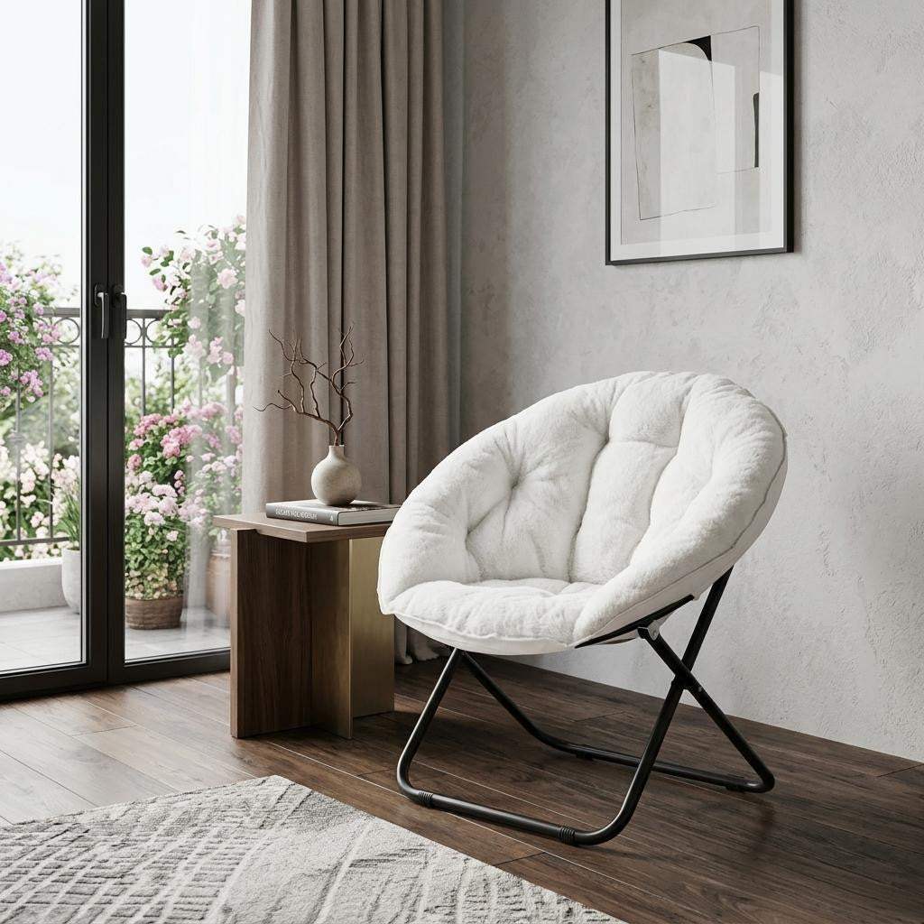 33" White Tufted Faux Fur and Metal Folding Lounge Chair - HomeRoots - Flyclothing LLC