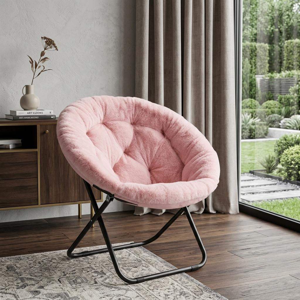 33" Pink Tufted Faux Fur and Metal Folding Lounge Chair - HomeRoots - Flyclothing LLC