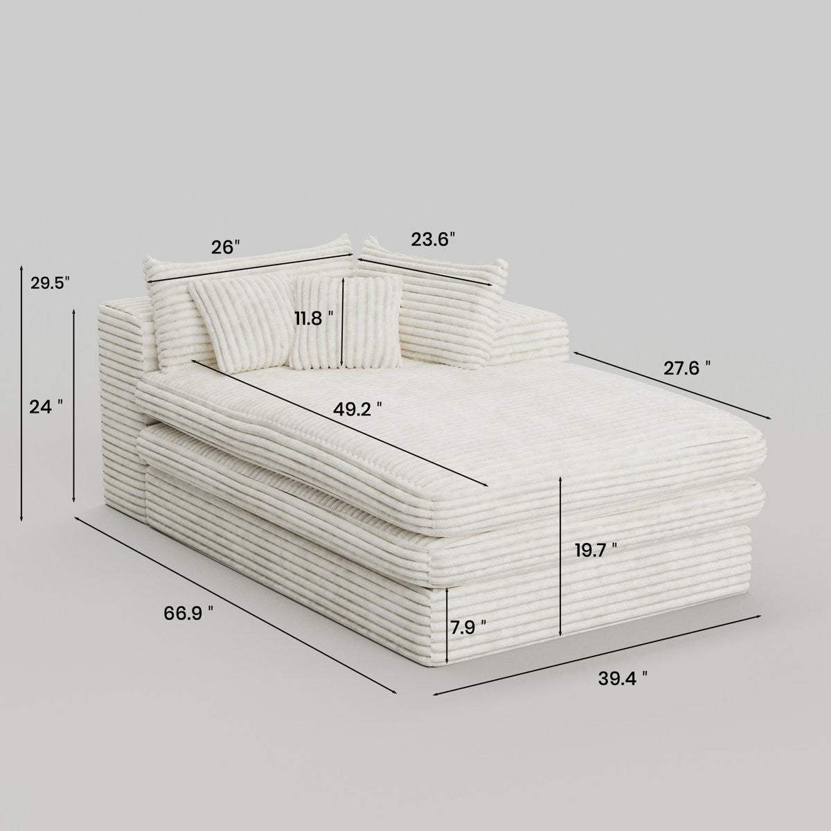 67" White Corduroy Right Hand Facing Chaise Lounge Chair - HomeRoots - Flyclothing LLC