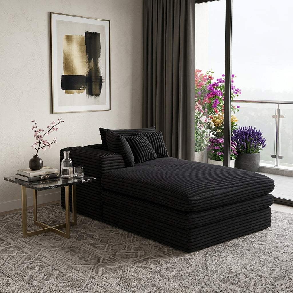 67" Black Corduroy Left Hand Facing Chaise Lounge Chair - HomeRoots - Flyclothing LLC