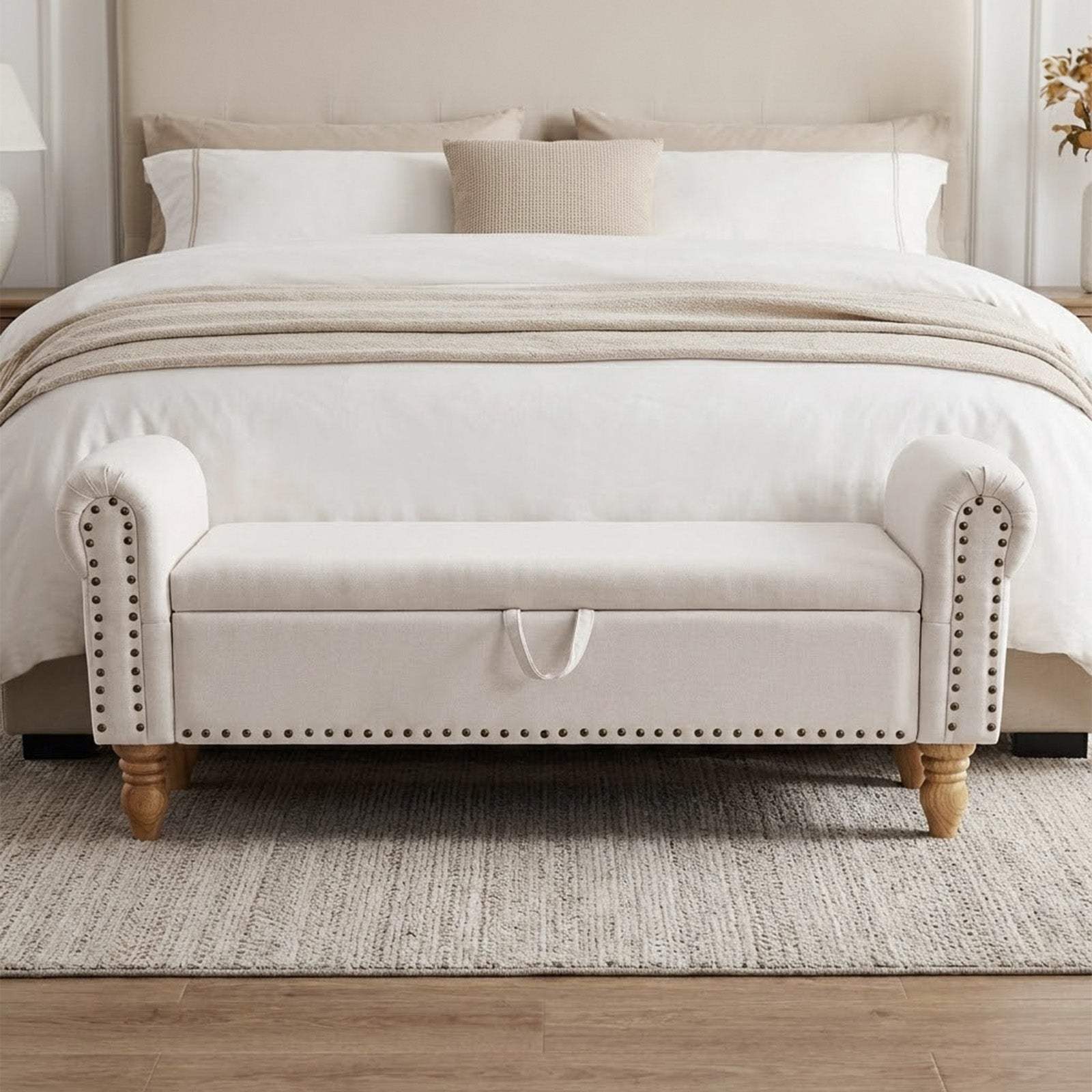 55" Beige and Brown Linen and Solid Wood Upholstered Storage Bench With Flip Top - HomeRoots - Flyclothing LLC