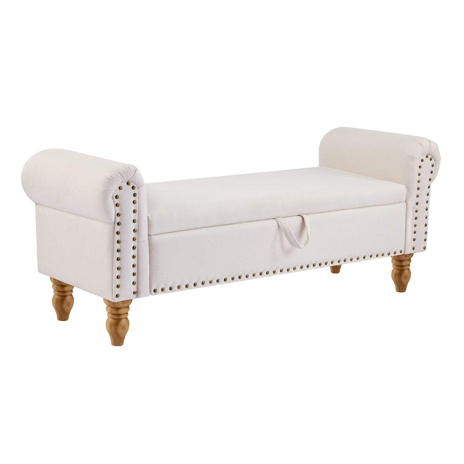 55" Beige and Brown Linen and Solid Wood Upholstered Storage Bench With Flip Top - HomeRoots - Flyclothing LLC