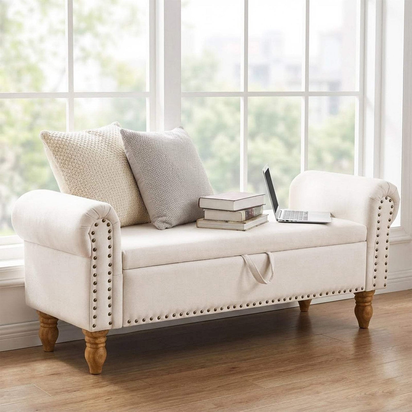 55" Beige and Brown Linen and Solid Wood Upholstered Storage Bench With Flip Top - HomeRoots - Flyclothing LLC