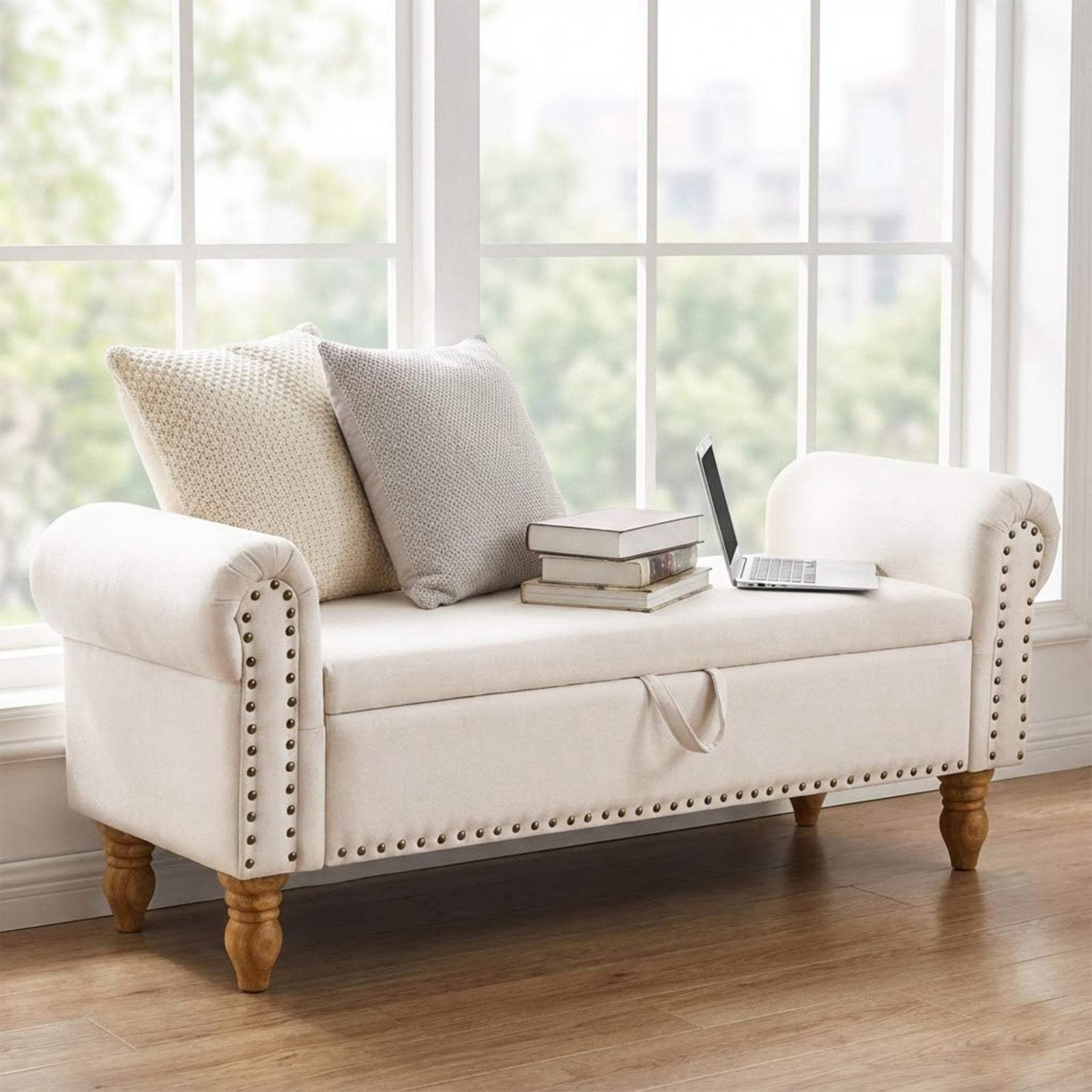 55" Beige and Brown Linen and Solid Wood Upholstered Storage Bench With Flip Top - HomeRoots - Flyclothing LLC