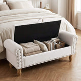 55" Beige and Brown Linen and Solid Wood Upholstered Storage Bench With Flip Top - HomeRoots - Flyclothing LLC