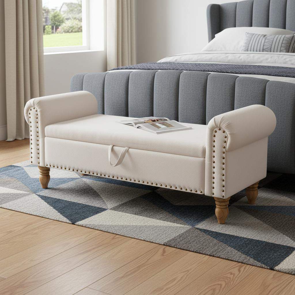 55" Beige and Brown Linen and Solid Wood Upholstered Storage Bench With Flip Top - HomeRoots - Flyclothing LLC