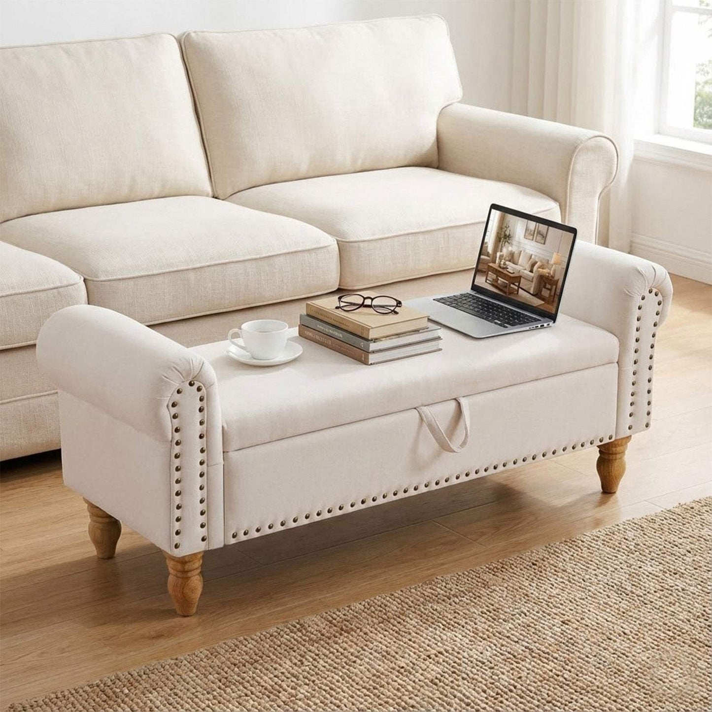 55" Beige and Brown Linen and Solid Wood Upholstered Storage Bench With Flip Top - HomeRoots - Flyclothing LLC