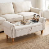 55" Beige and Brown Linen and Solid Wood Upholstered Storage Bench With Flip Top - HomeRoots - Flyclothing LLC