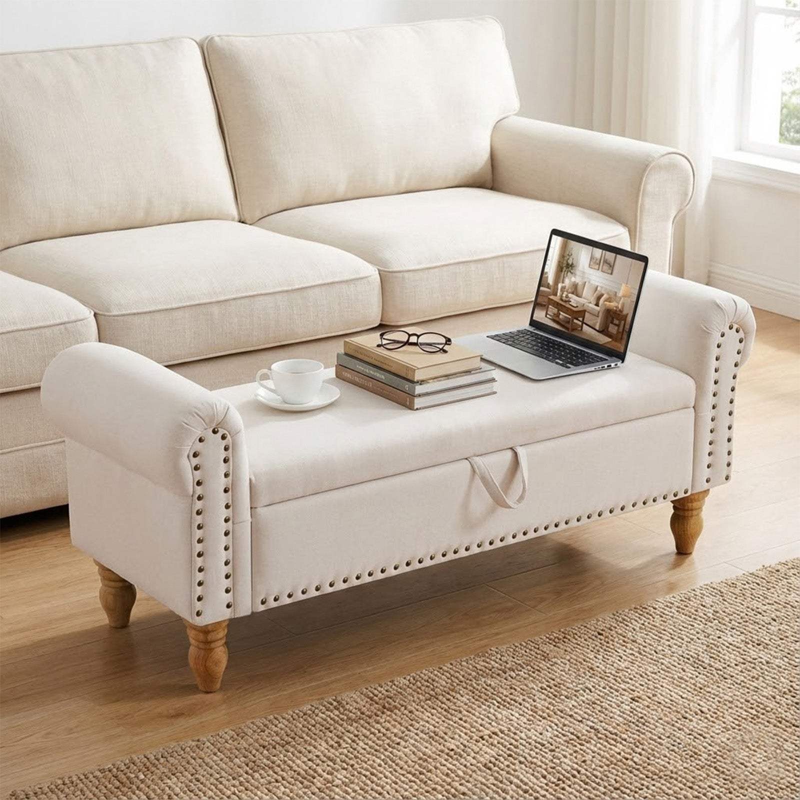 55" Beige and Brown Linen and Solid Wood Upholstered Storage Bench With Flip Top - HomeRoots - Flyclothing LLC