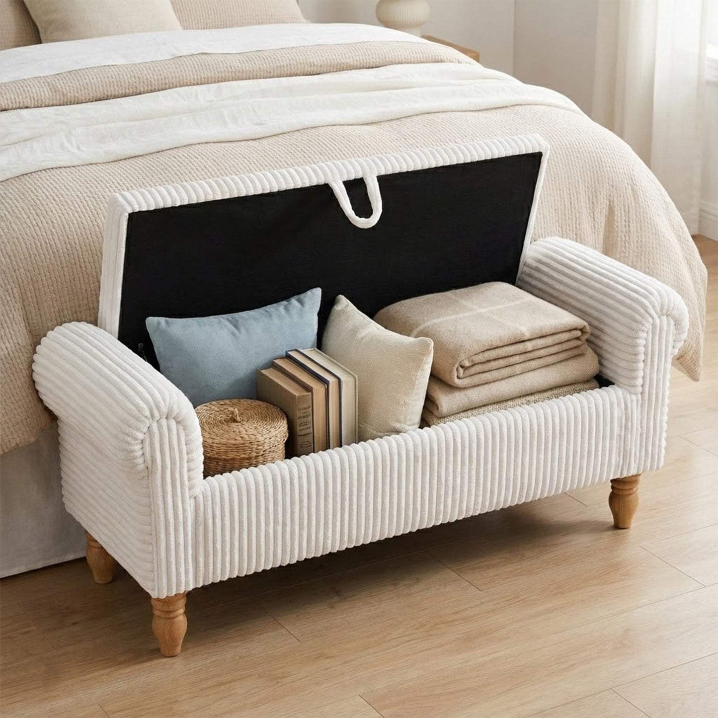 55" White and Brown Corduroy and Solid Wood Upholstered Storage Bench With Flip Top - HomeRoots - Flyclothing LLC