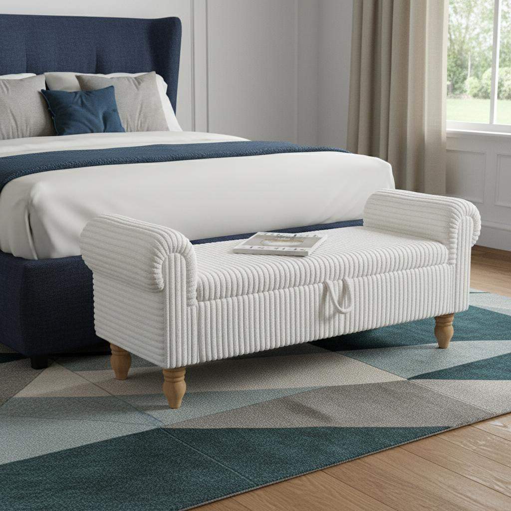 55" White and Brown Corduroy and Solid Wood Upholstered Storage Bench With Flip Top - HomeRoots - Flyclothing LLC