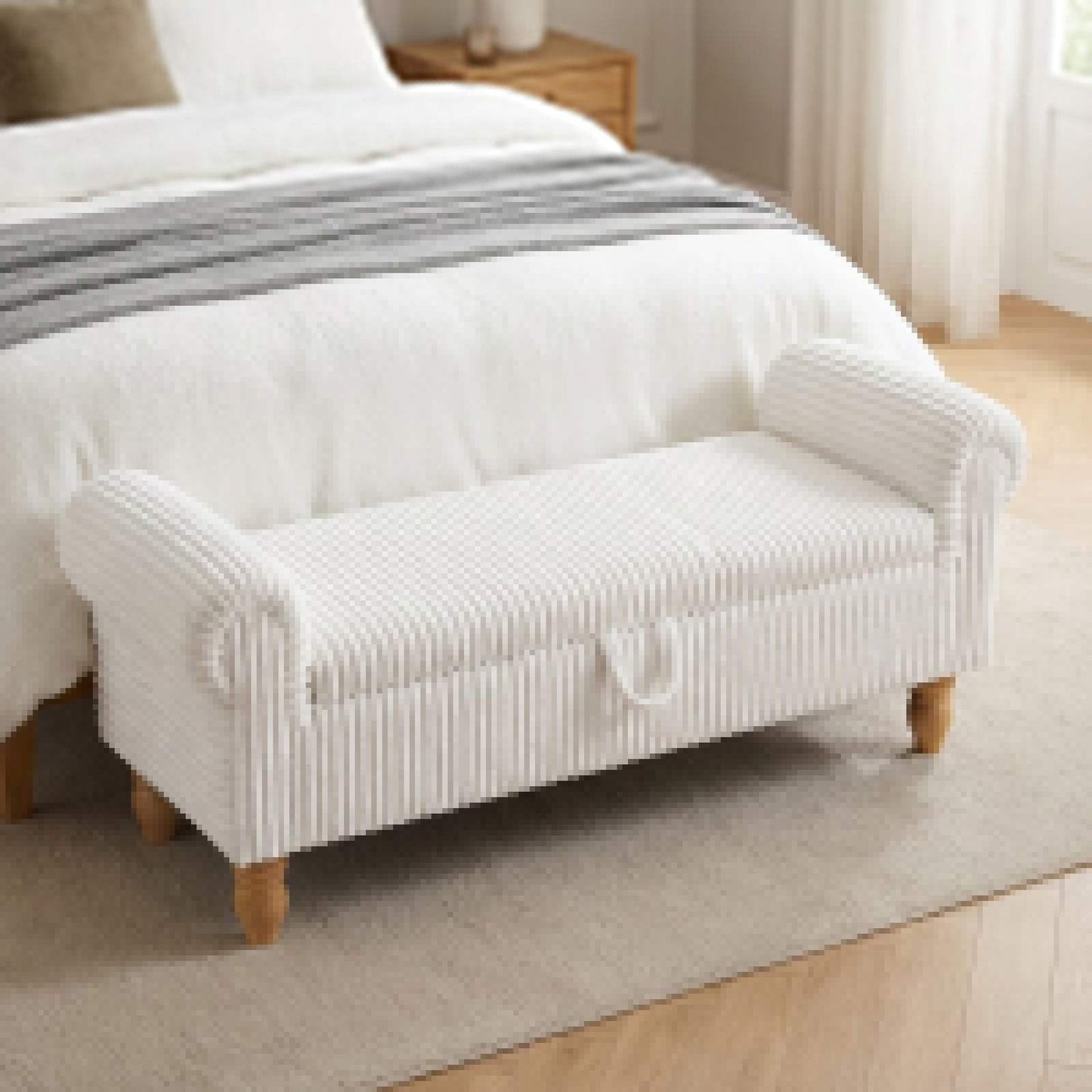 55" White and Brown Corduroy and Solid Wood Upholstered Storage Bench With Flip Top - HomeRoots - Flyclothing LLC