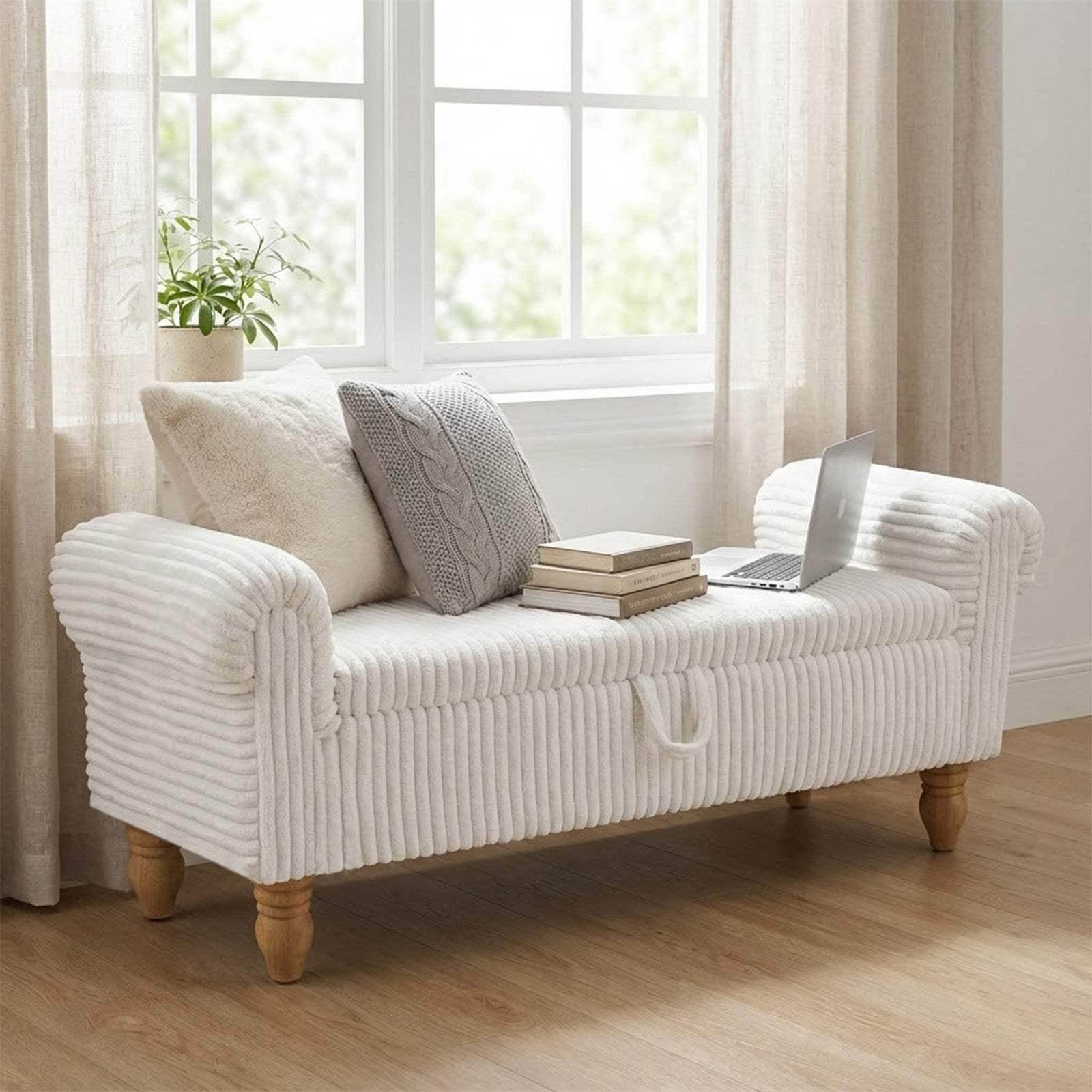 55" White and Brown Corduroy and Solid Wood Upholstered Storage Bench With Flip Top - HomeRoots - Flyclothing LLC