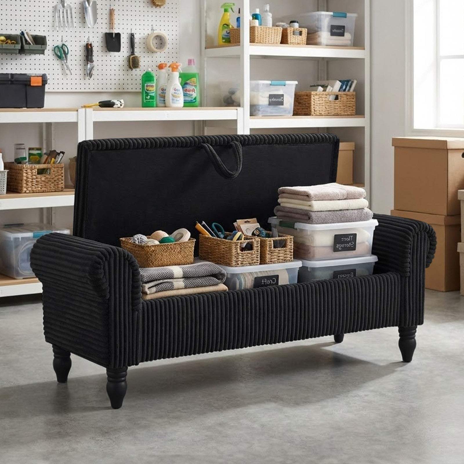 55" Black Corduroy and Solid Wood Upholstered Storage Bench With Flip Top - HomeRoots - Flyclothing LLC