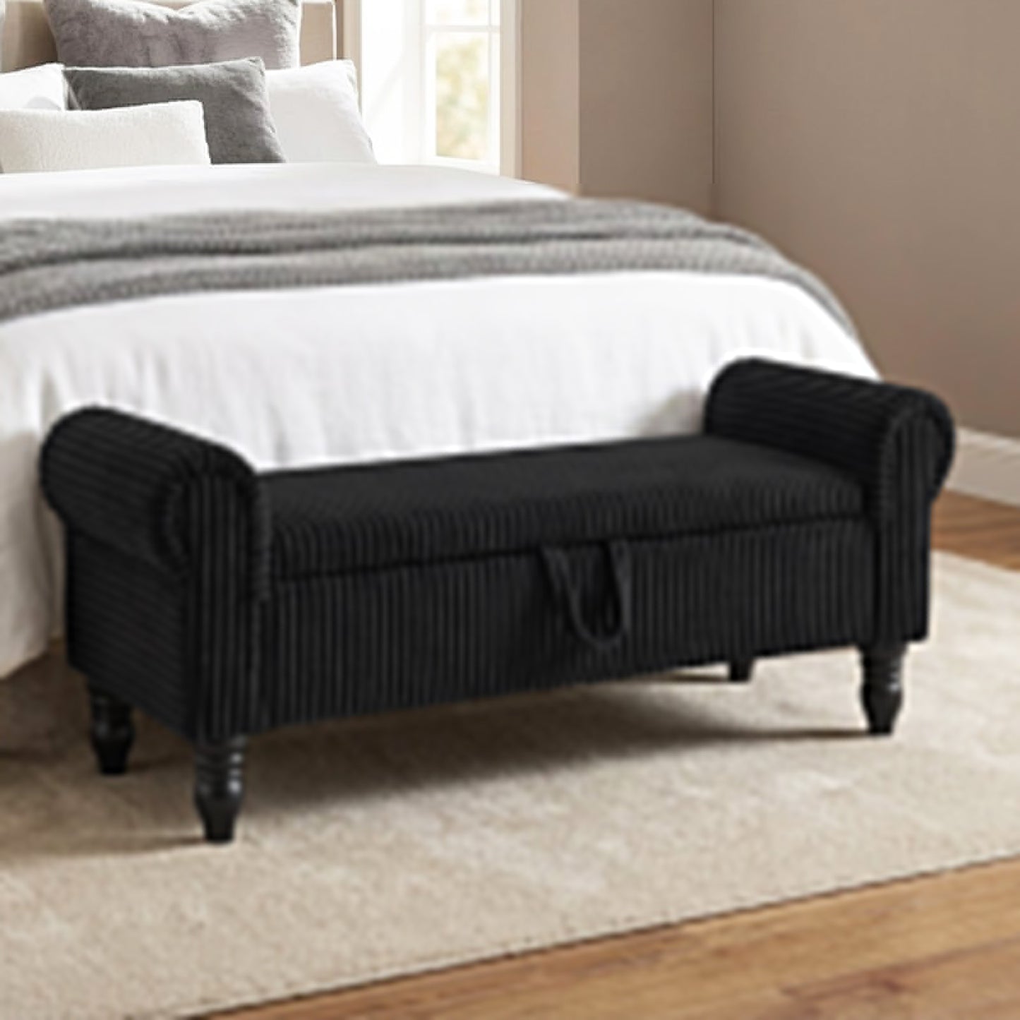 55" Black Corduroy and Solid Wood Upholstered Storage Bench With Flip Top - HomeRoots - Flyclothing LLC