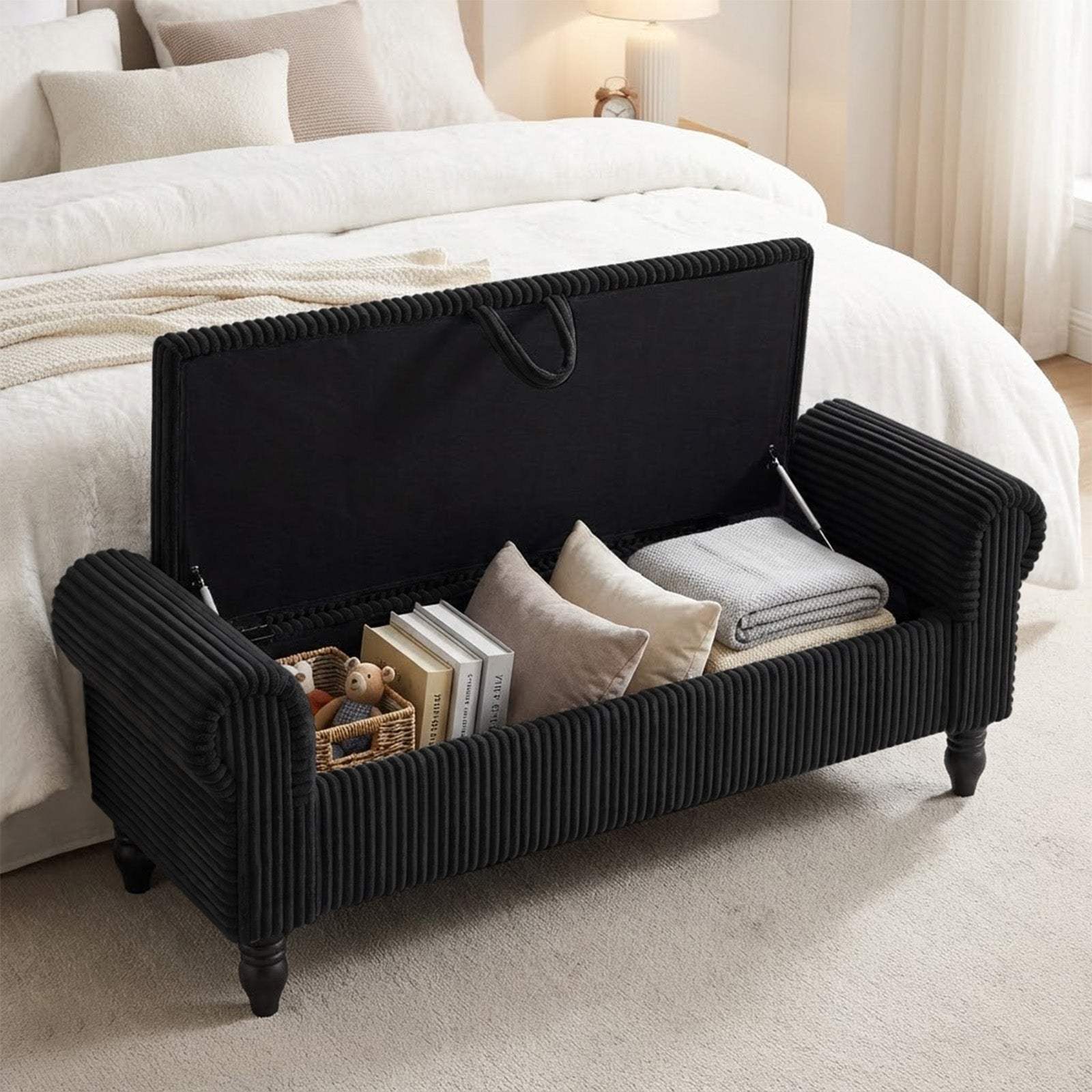 55" Black Corduroy and Solid Wood Upholstered Storage Bench With Flip Top - HomeRoots - Flyclothing LLC
