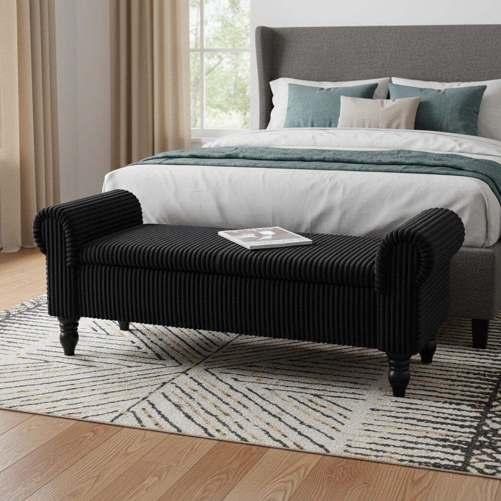 55" Black Corduroy and Solid Wood Upholstered Storage Bench With Flip Top - HomeRoots - Flyclothing LLC