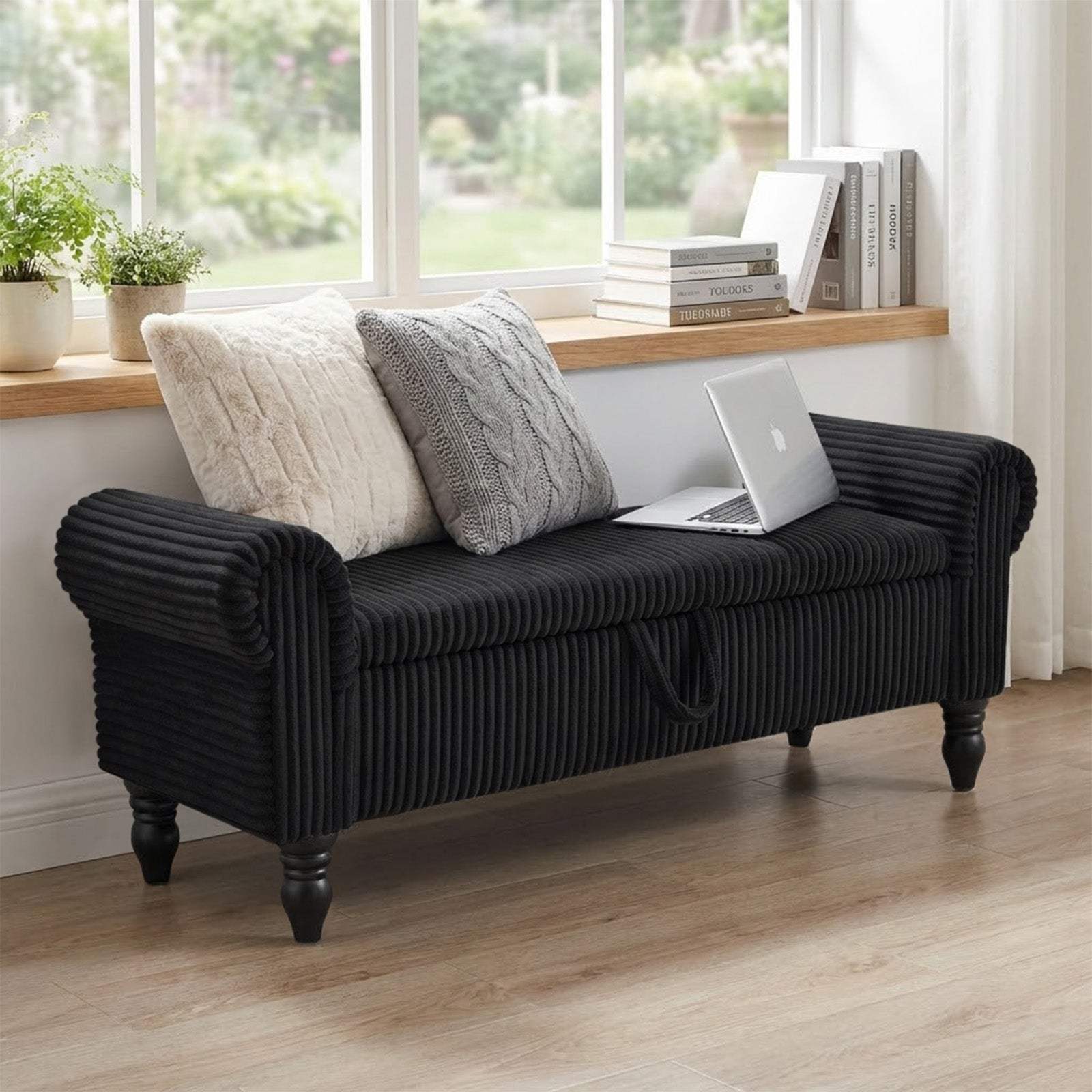 55" Black Corduroy and Solid Wood Upholstered Storage Bench With Flip Top - HomeRoots - Flyclothing LLC