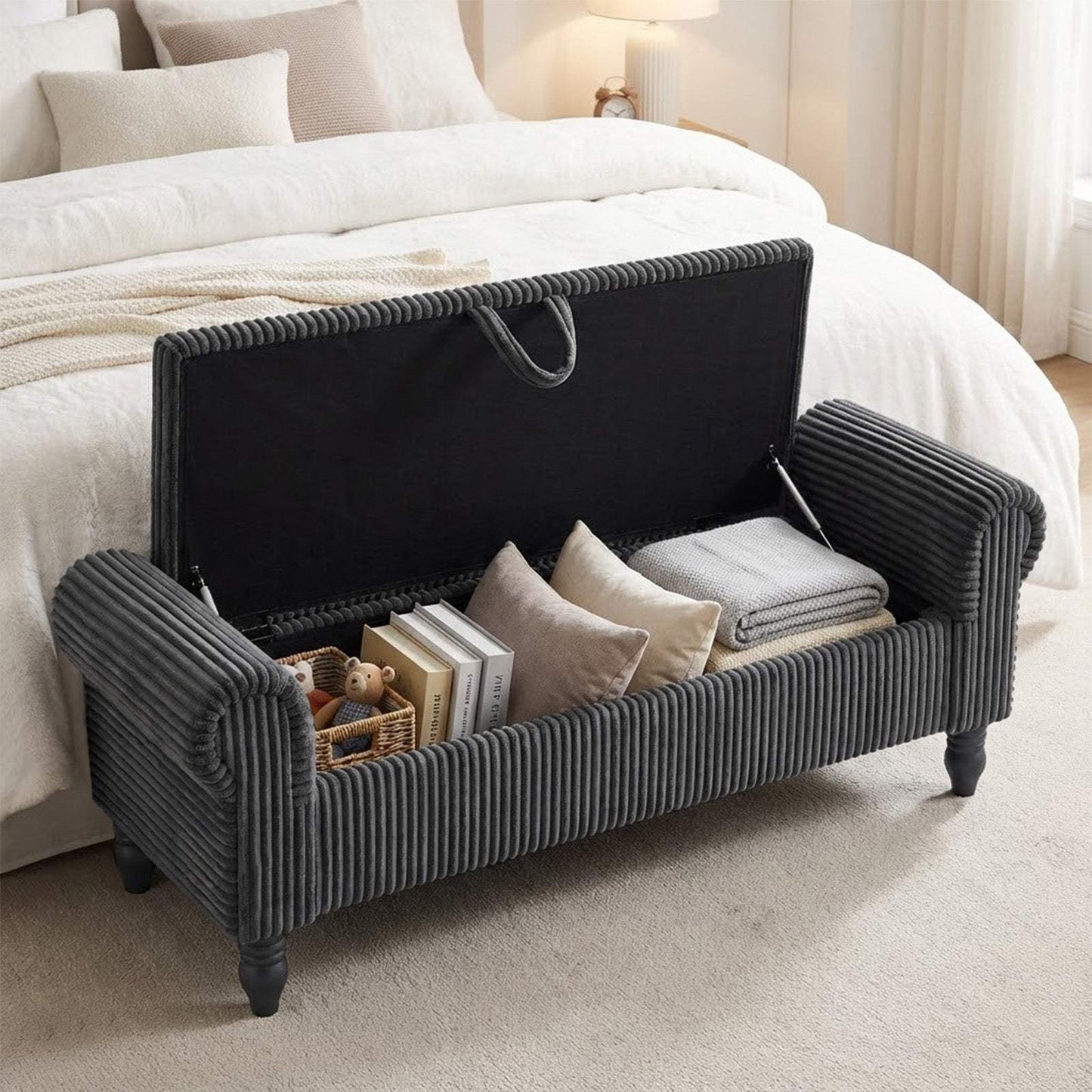 55" Dark Gray Corduroy and Solid Wood Upholstered Storage Bench With Flip Top - HomeRoots - Flyclothing LLC
