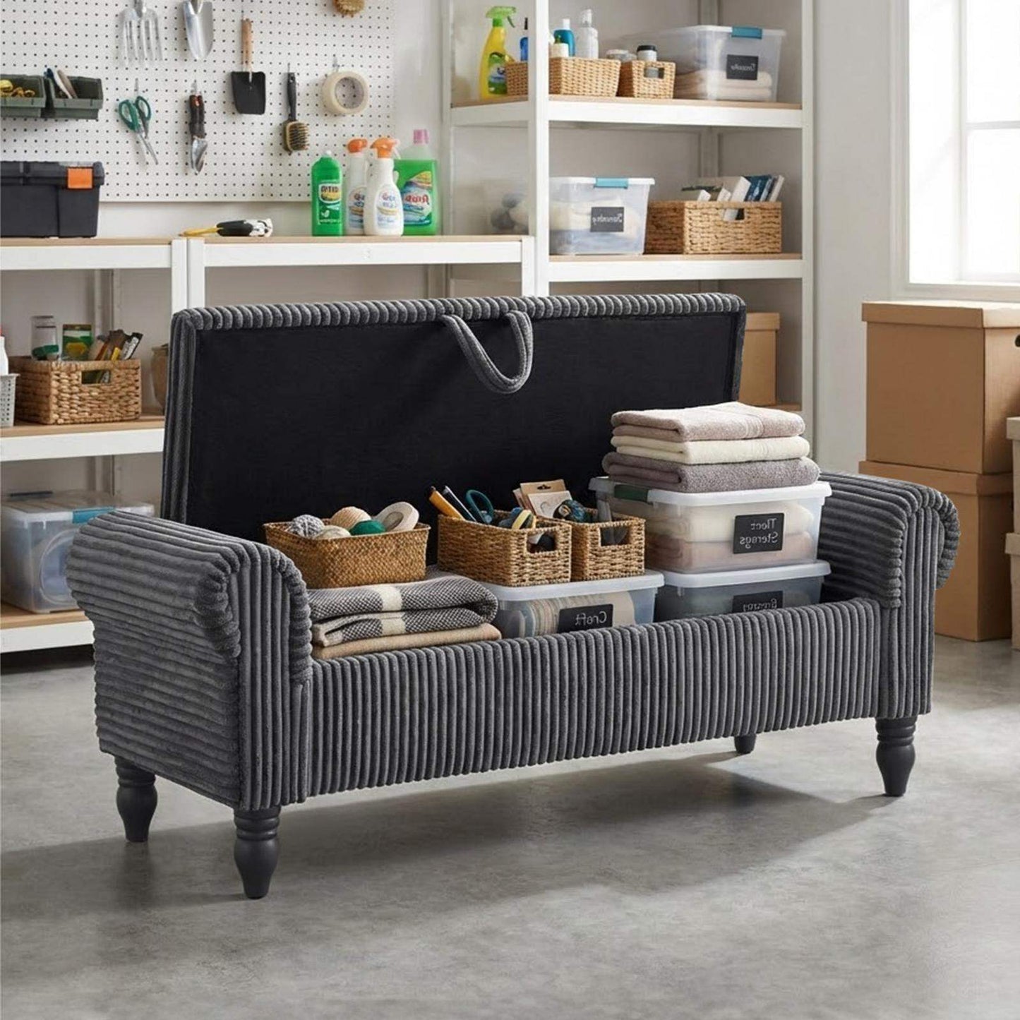 55" Dark Gray Corduroy and Solid Wood Upholstered Storage Bench With Flip Top - HomeRoots - Flyclothing LLC