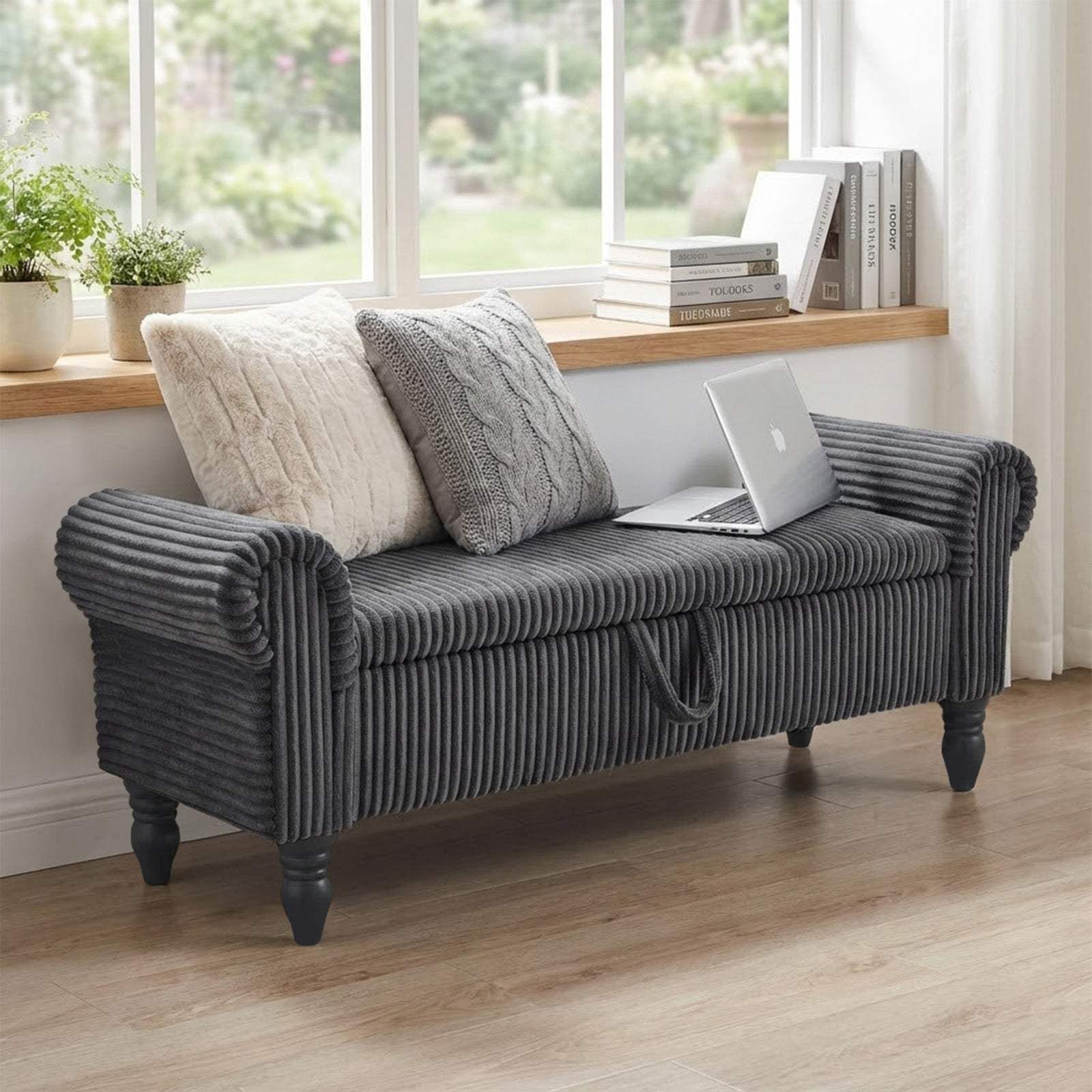 55" Dark Gray Corduroy and Solid Wood Upholstered Storage Bench With Flip Top - HomeRoots - Flyclothing LLC