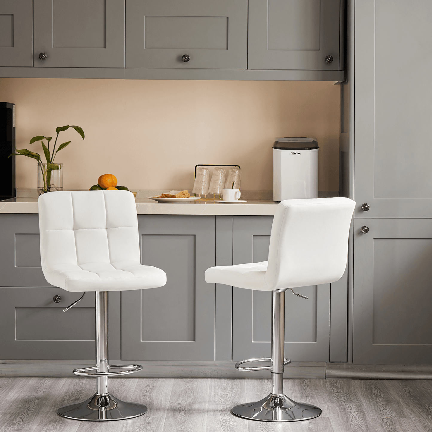 Set of Two White and Silver Faux Leather and Aluminum Adjustable Height Swivel Bar Chairs - HomeRoots - Flyclothing LLC