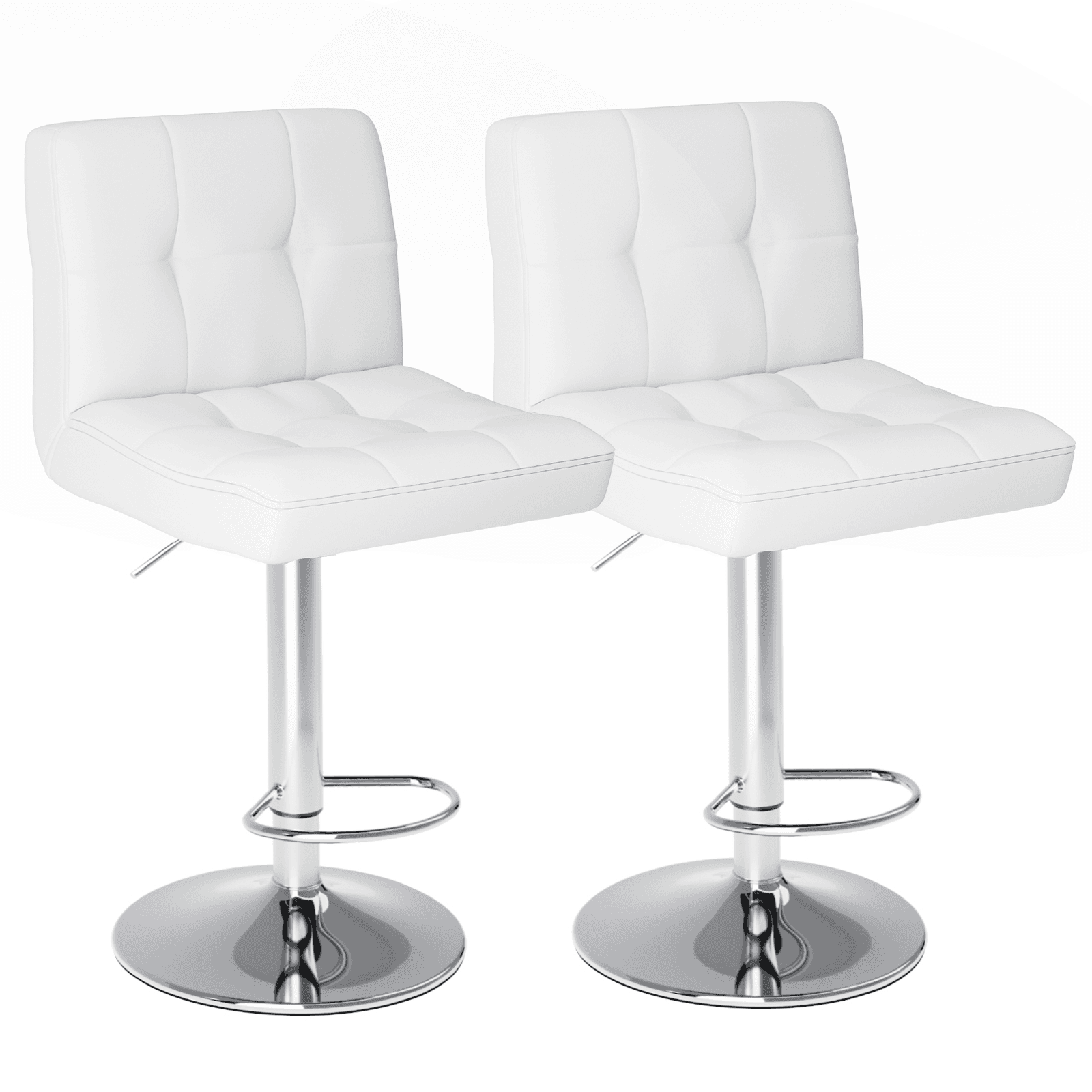Set of Two White and Silver Faux Leather and Aluminum Adjustable Height Swivel Bar Chairs - HomeRoots - Flyclothing LLC