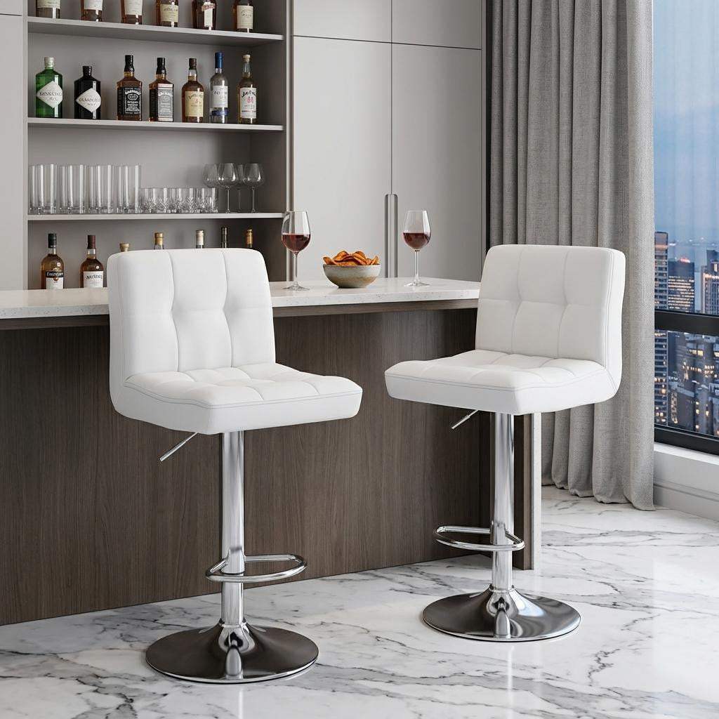 Set of Two White and Silver Faux Leather and Aluminum Adjustable Height Swivel Bar Chairs - HomeRoots - Flyclothing LLC