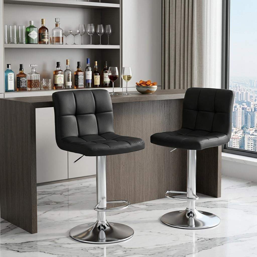 Set of Two Black and Silver Faux Leather and Aluminum Adjustable Height Swivel Bar Chairs - HomeRoots - Flyclothing LLC