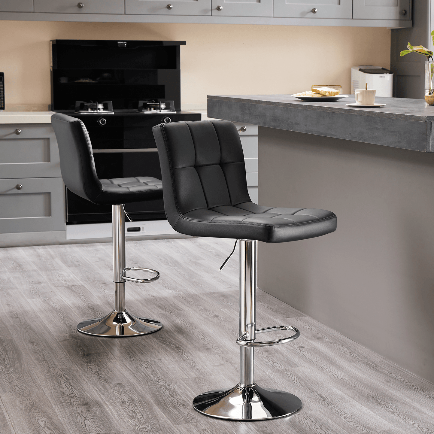 Set of Two Black and Silver Faux Leather and Aluminum Adjustable Height Swivel Bar Chairs - HomeRoots - Flyclothing LLC