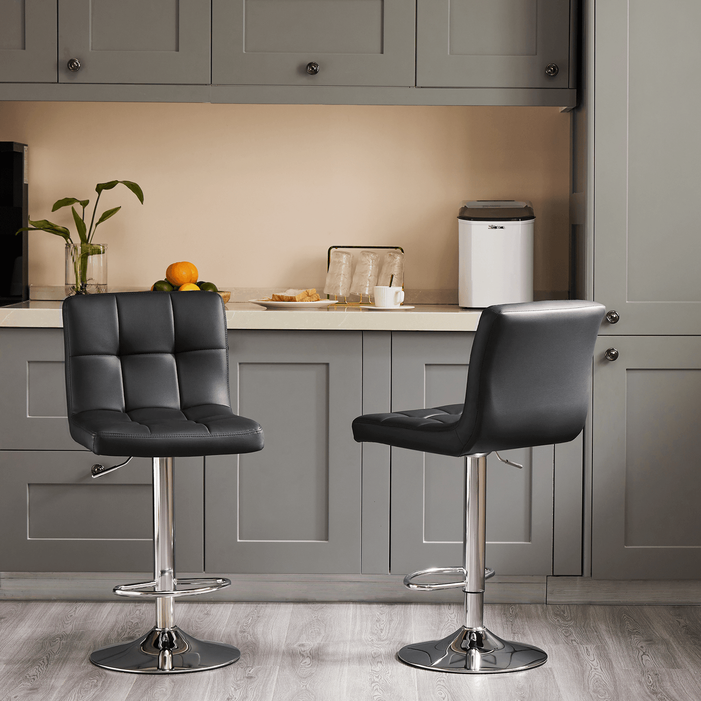 Set of Two Black and Silver Faux Leather and Aluminum Adjustable Height Swivel Bar Chairs - HomeRoots - Flyclothing LLC