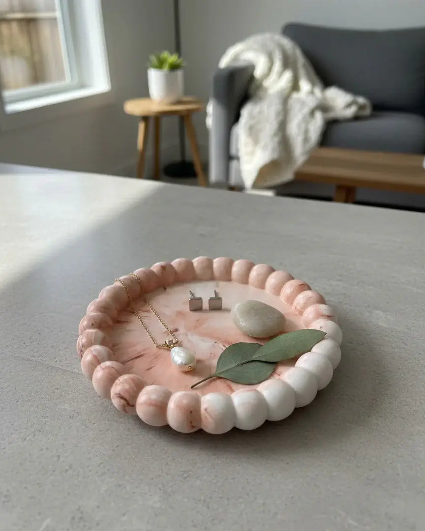 6" Pink And White Resin Marbleized Handmade Round Trinket Tray - Homeroots - Flyclothing LLC