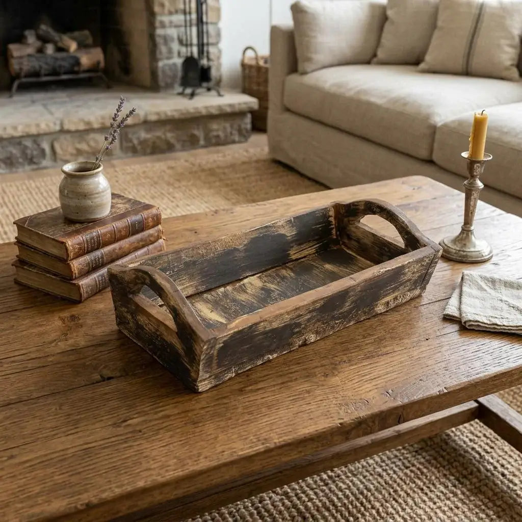 20" Dark Brown Reclaimed Wood Handmade Serving Tray With Handles - Homeroots - Flyclothing LLC