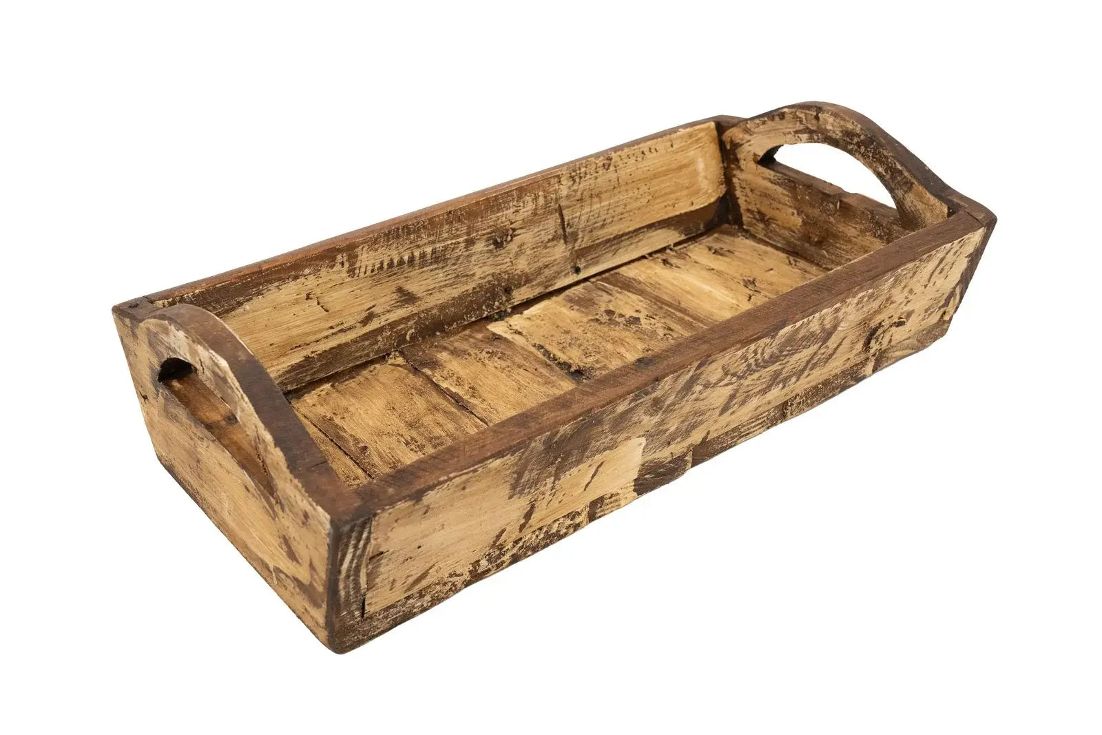 20" Antiqued White And Brown Reclaimed Wood Handmade Serving Tray With Handles - Homeroots - Flyclothing LLC