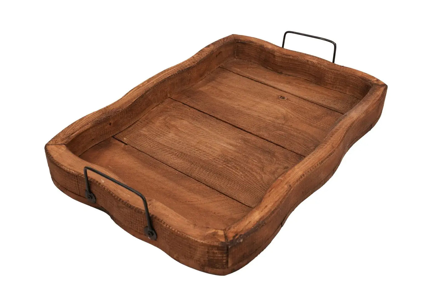 20" Brown Solid Wood Handmade Scalloped Serving Tray With Handles - Homeroots - Flyclothing LLC