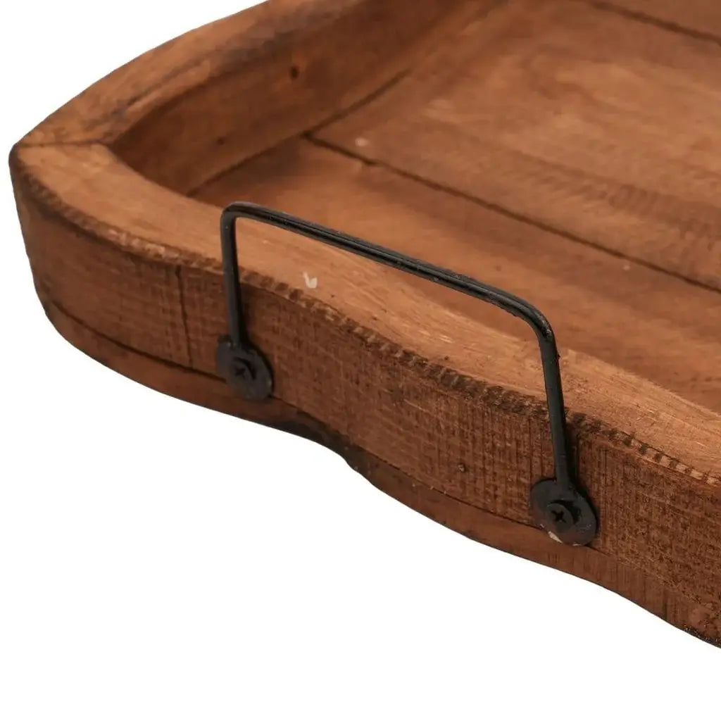 20" Brown Solid Wood Handmade Scalloped Serving Tray With Handles - Homeroots - Flyclothing LLC