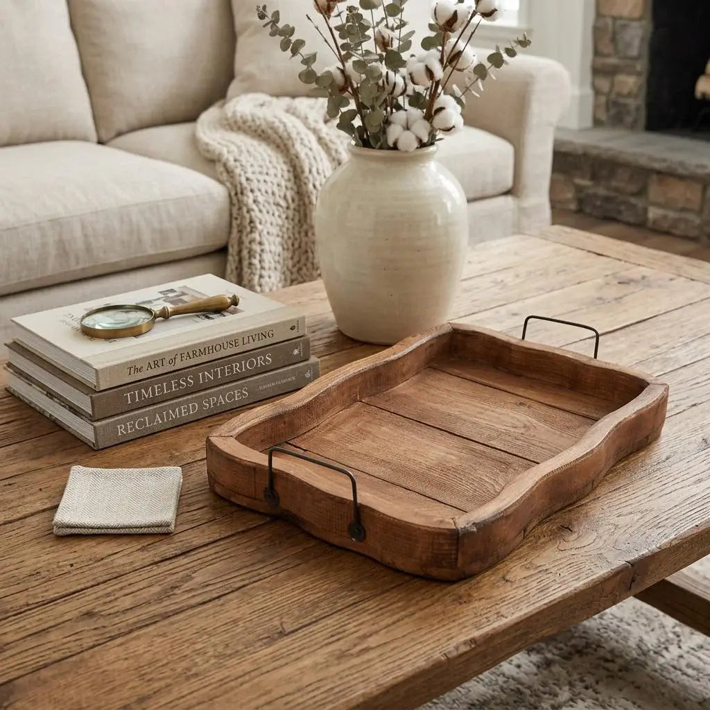20" Brown Solid Wood Handmade Scalloped Serving Tray With Handles - Homeroots - Flyclothing LLC