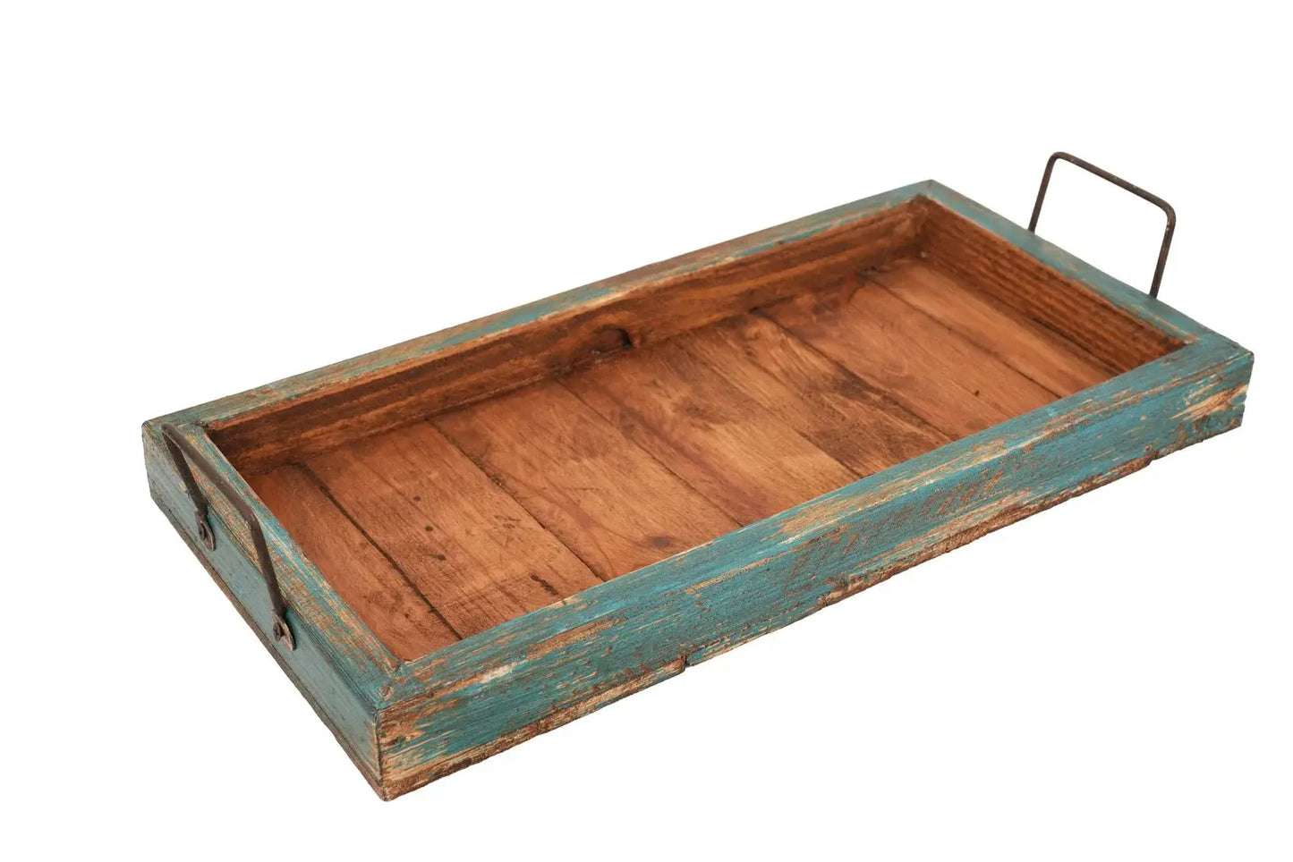 21" Natural And Turquoise Solid Wood Handmade Serving Tray With Handles - Homeroots - Flyclothing LLC