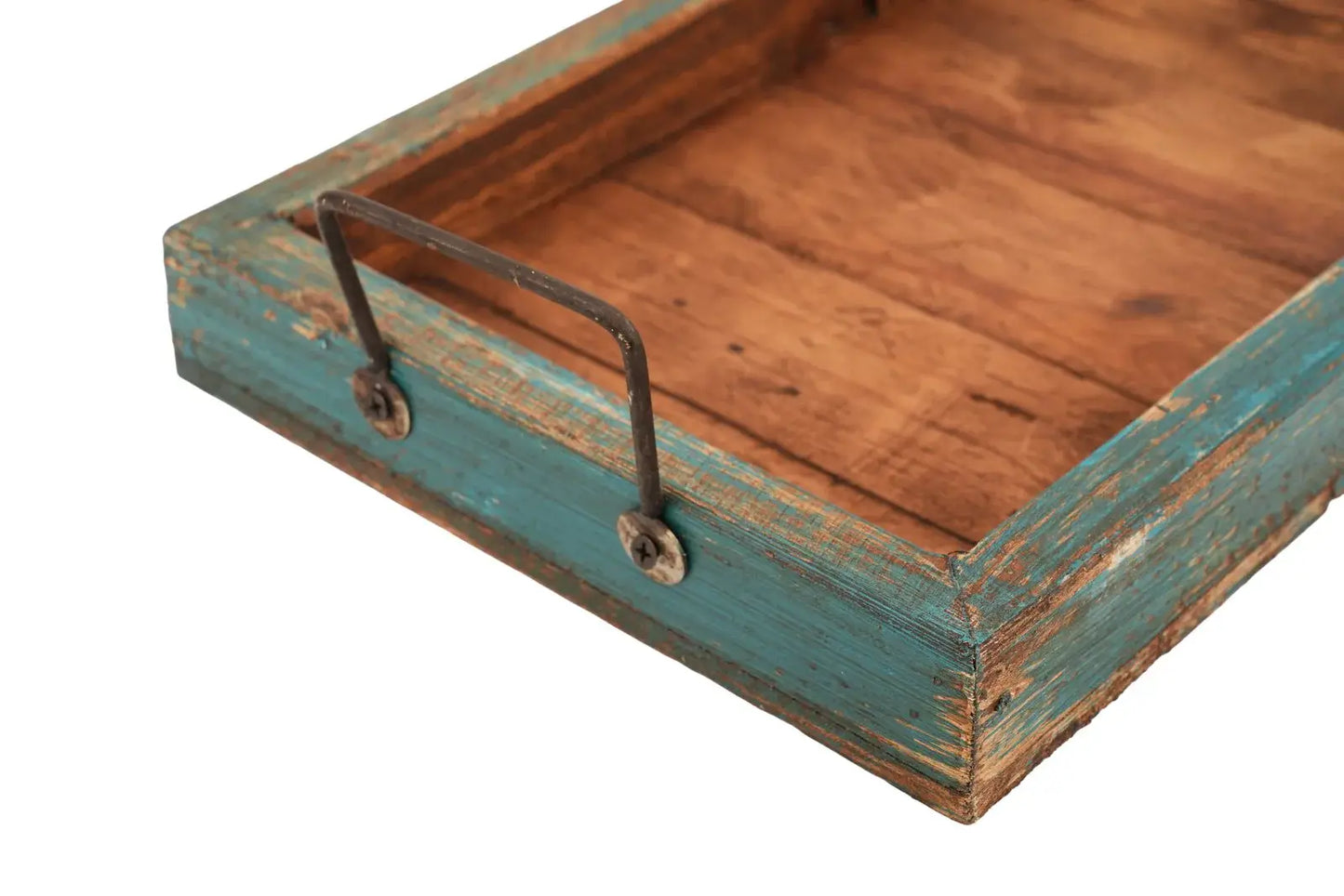 21" Natural And Turquoise Solid Wood Handmade Serving Tray With Handles - Homeroots - Flyclothing LLC