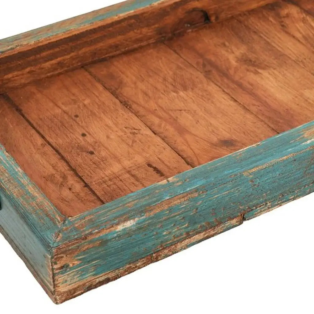 21" Natural And Turquoise Solid Wood Handmade Serving Tray With Handles - Homeroots - Flyclothing LLC