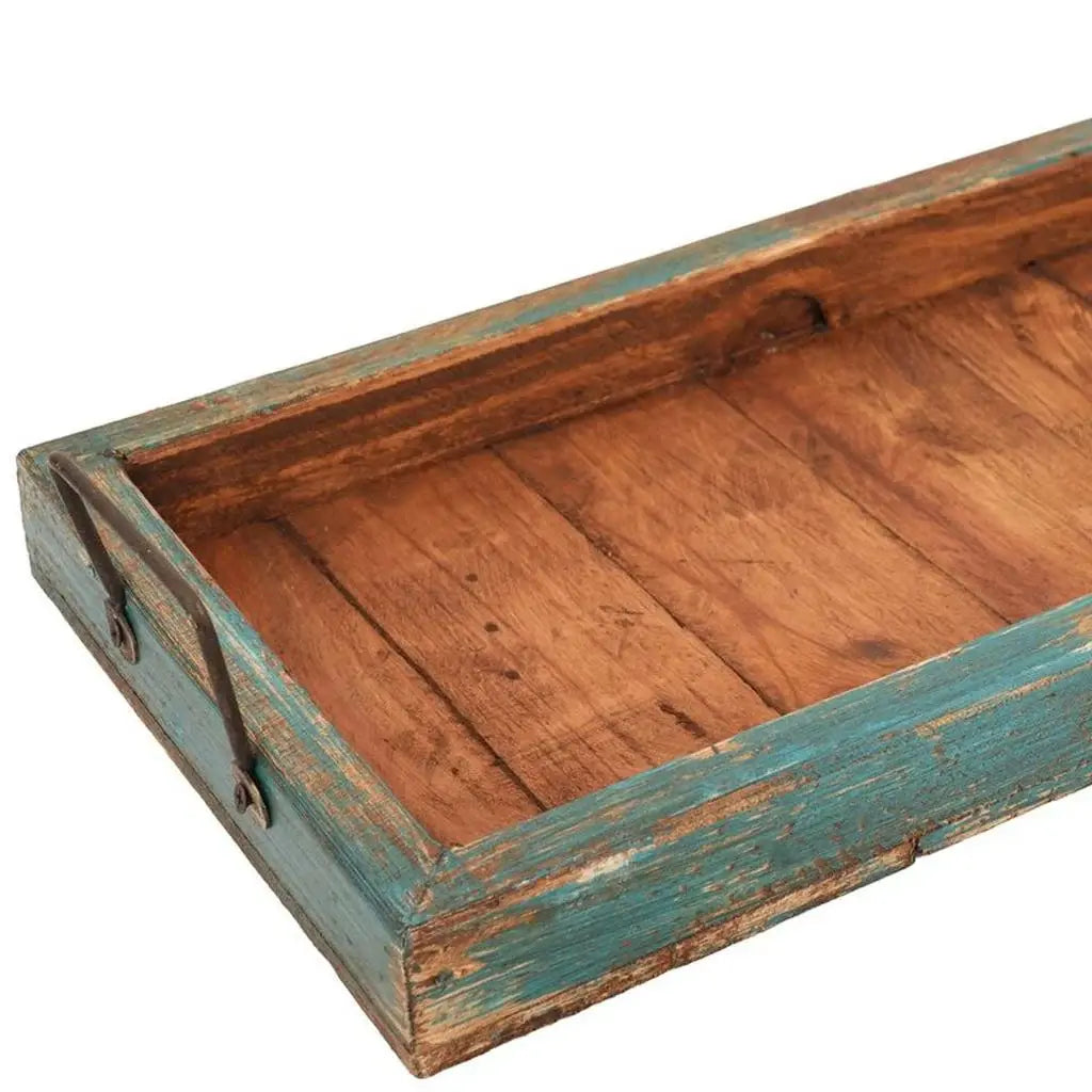 21" Natural And Turquoise Solid Wood Handmade Serving Tray With Handles - Homeroots - Flyclothing LLC