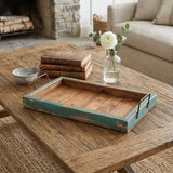 21" Natural And Turquoise Solid Wood Handmade Serving Tray With Handles - Homeroots - Flyclothing LLC