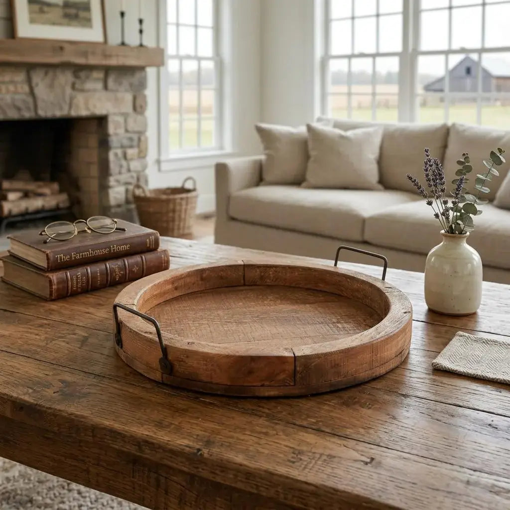 15" Natural Solid Wood Handmade Round Serving Tray With Handles - Homeroots - Flyclothing LLC