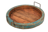 15" Natural And Turquoise Solid Wood Handmade Round Serving Tray With Handles - Homeroots - Flyclothing LLC