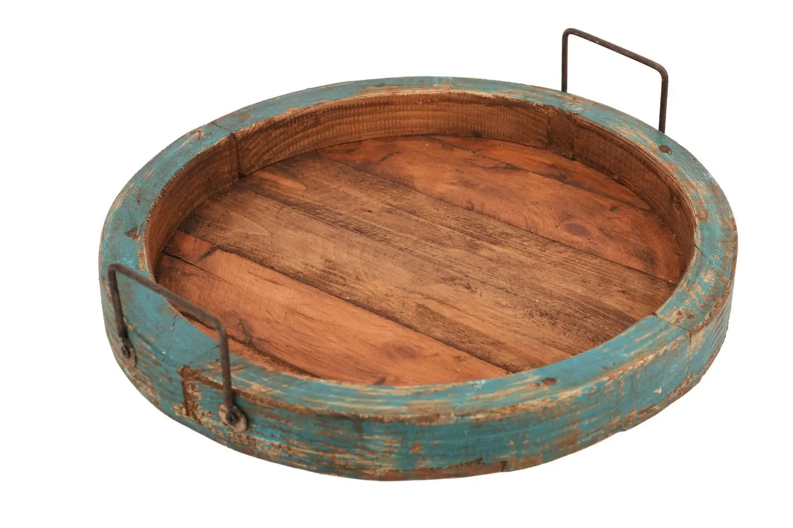 15" Natural And Turquoise Solid Wood Handmade Round Serving Tray With Handles - Homeroots - Flyclothing LLC