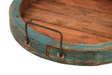 15" Natural And Turquoise Solid Wood Handmade Round Serving Tray With Handles - Homeroots - Flyclothing LLC