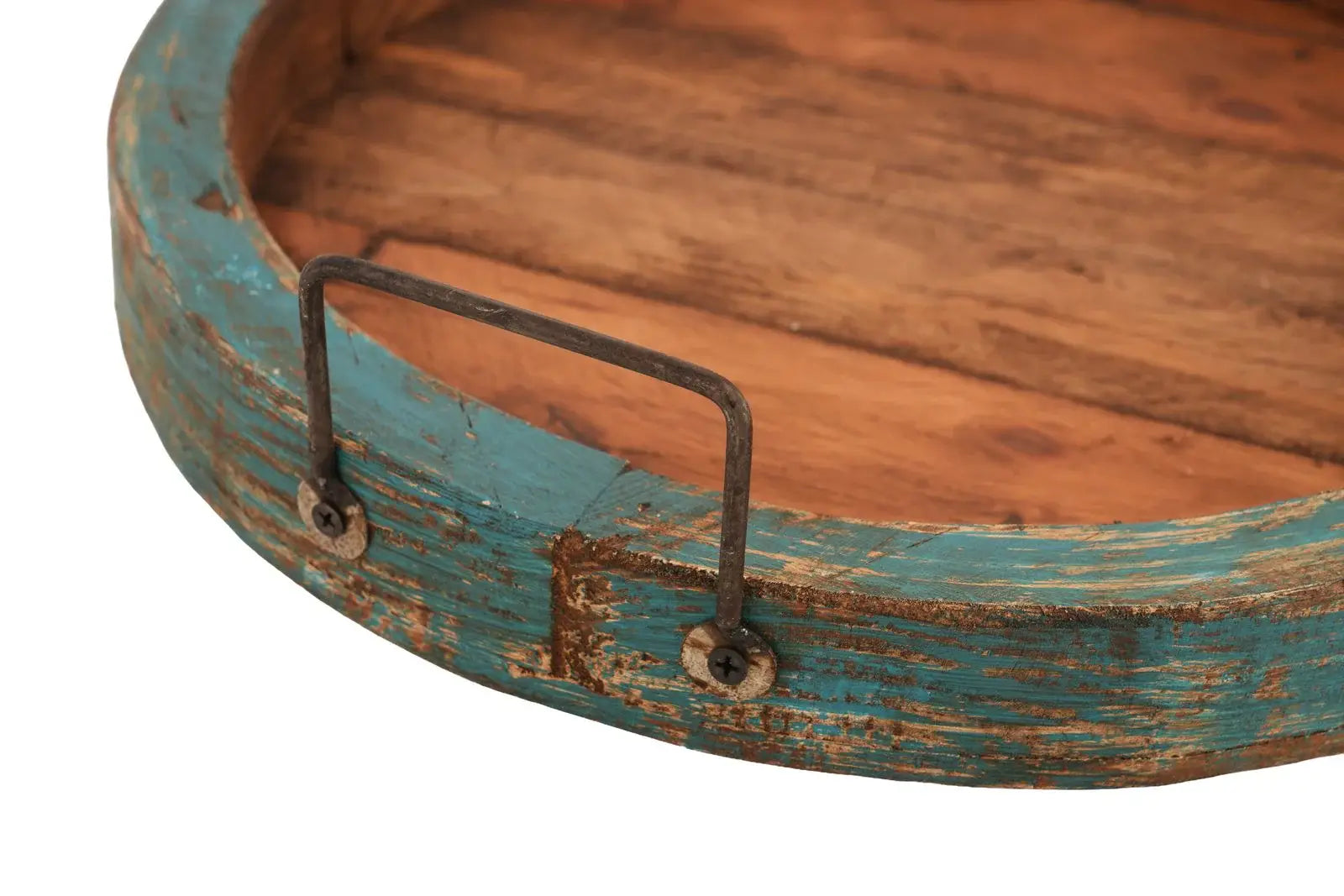 15" Natural And Turquoise Solid Wood Handmade Round Serving Tray With Handles - Homeroots - Flyclothing LLC