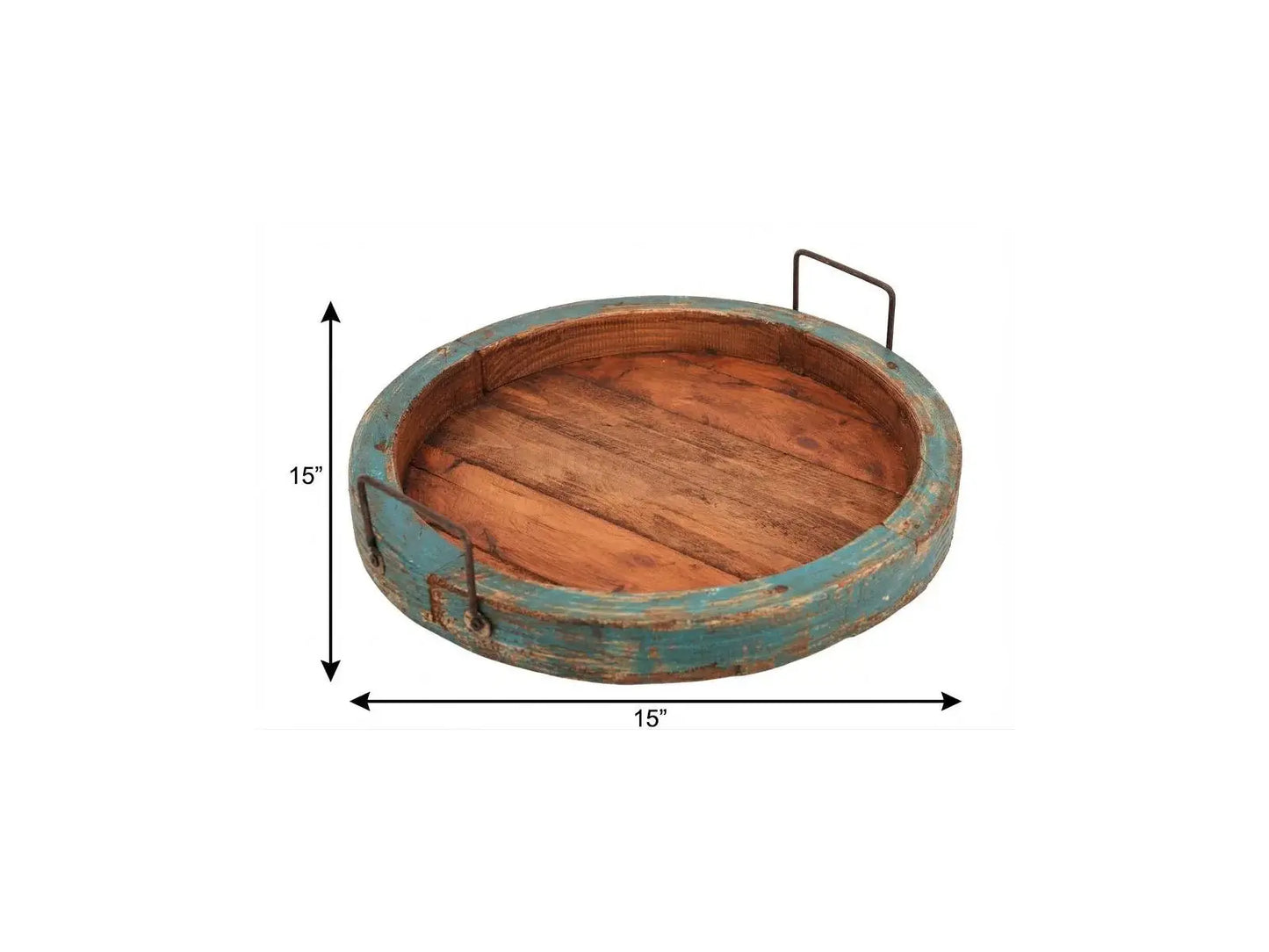 15" Natural And Turquoise Solid Wood Handmade Round Serving Tray With Handles - Homeroots - Flyclothing LLC
