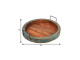 15" Natural And Turquoise Solid Wood Handmade Round Serving Tray With Handles - Homeroots - Flyclothing LLC