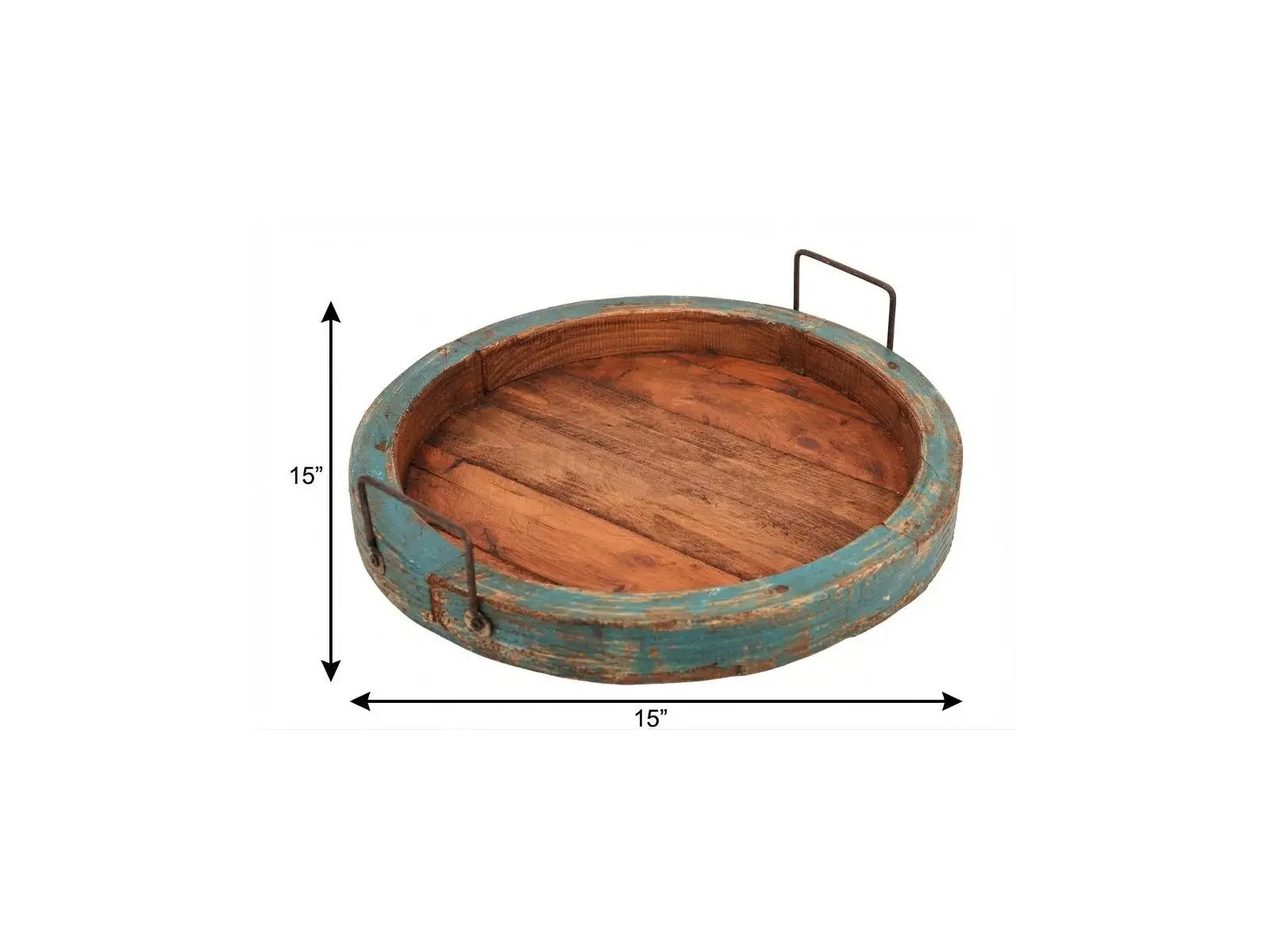 15" Natural And Turquoise Solid Wood Handmade Round Serving Tray With Handles - Homeroots - Flyclothing LLC